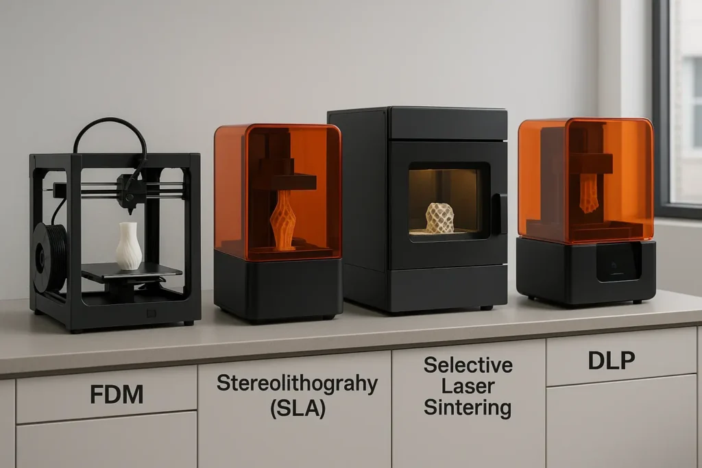 Four labeled 3D printers showing FDM, SLA, SLS, and DLP technologies on a modern workbench with printed parts in progress