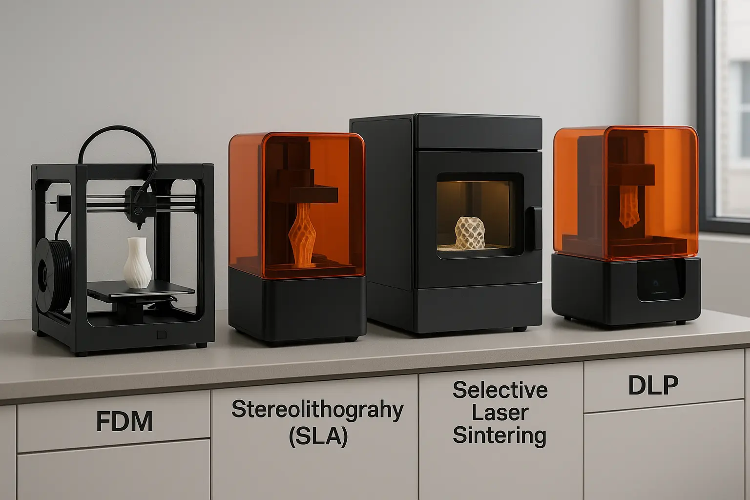 Four labeled 3D printers showing FDM, SLA, SLS, and DLP technologies on a modern workbench with printed parts in progress