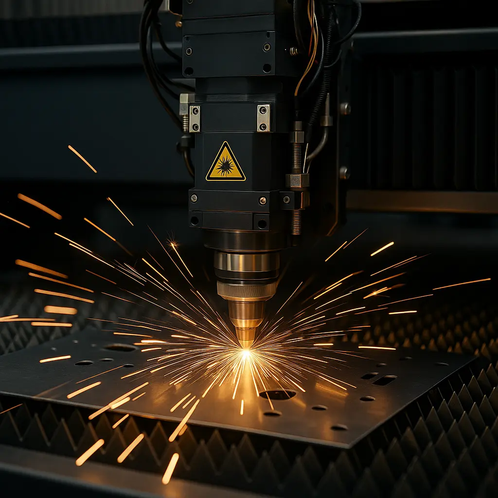 CNC laser cutting machine cutting metal sheet with sparks, showing process and applications in 2025 manufacturing.