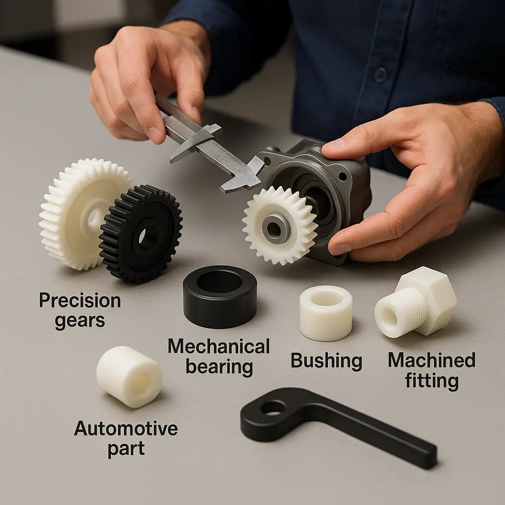 Delrin plastic parts on engineer's workbench—gears, bearings, bushings, fittings, and auto components in use.