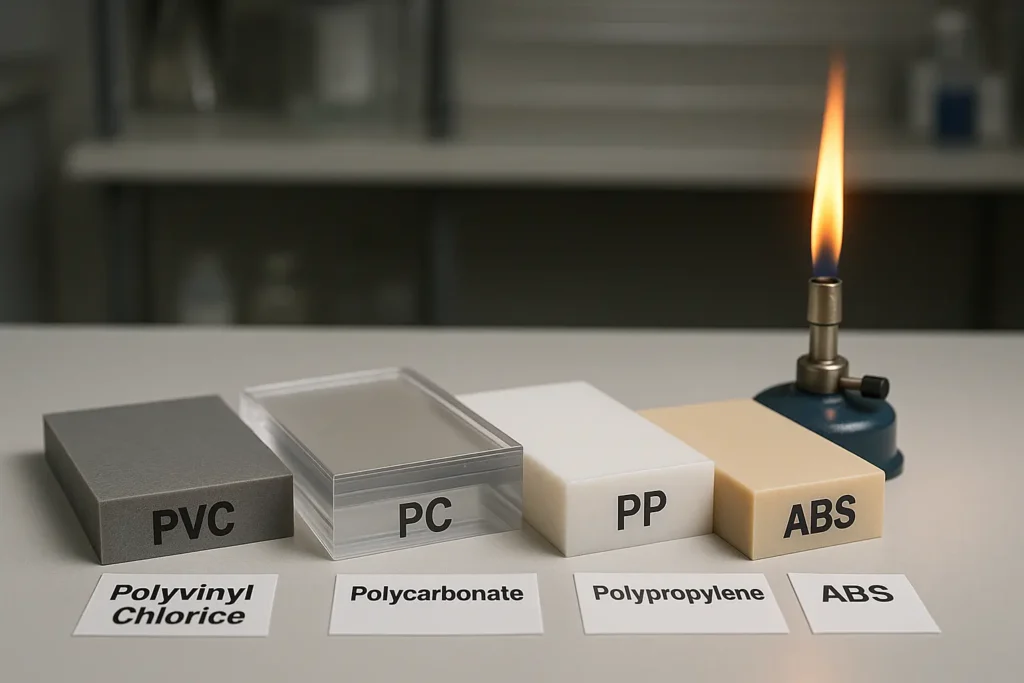 Labeled flame-retardant plastic samples on lab table with fire test—PVC, PC, PP, and ABS blocks