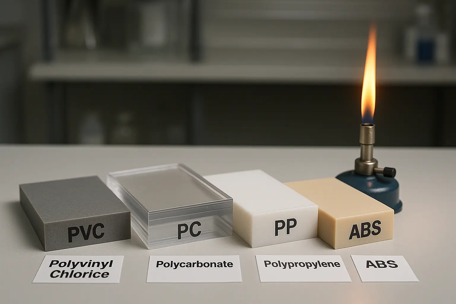 Labeled flame-retardant plastic samples on lab table with fire test—PVC, PC, PP, and ABS blocks