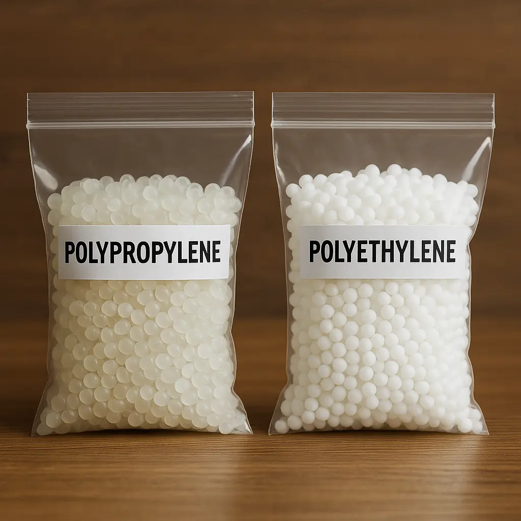 Bags of polypropylene and polyethylene plastic pellets showing key differences in texture and appearance on wooden background.