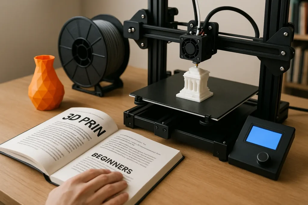 3D printer creating model with beginner's guidebook on table, ideal for educational 3D printing blog