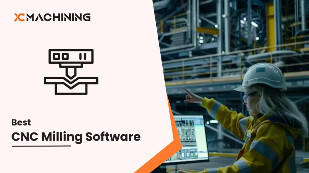 Engineer in hard hat and safety gear operating a computer with CNC milling software in a factory