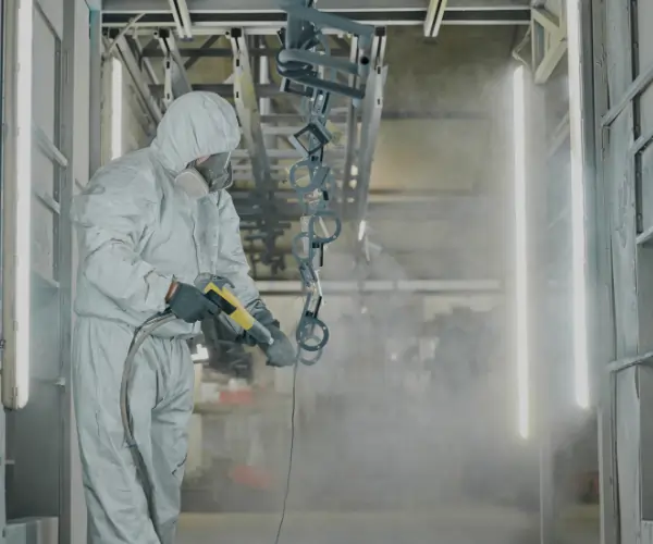 Technician applying powder coating to metal MJF parts in an industrial paint booth.
