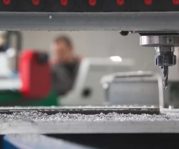 Close-up of a CNC machine creating a textured finish with metal shavings