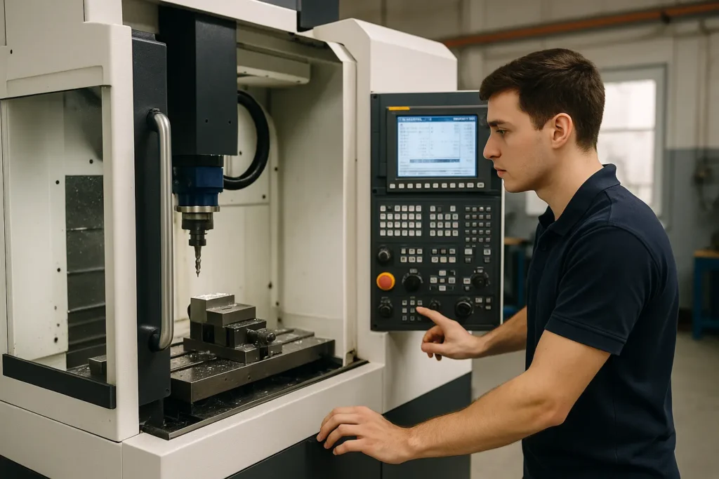 Beginner operating CNC milling machine in modern workshop with digital control panel