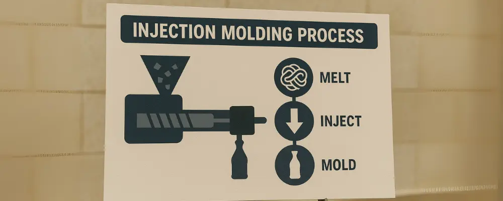 Injection molding process diagram showing melt, inject, and mold steps for plastic manufacturing.