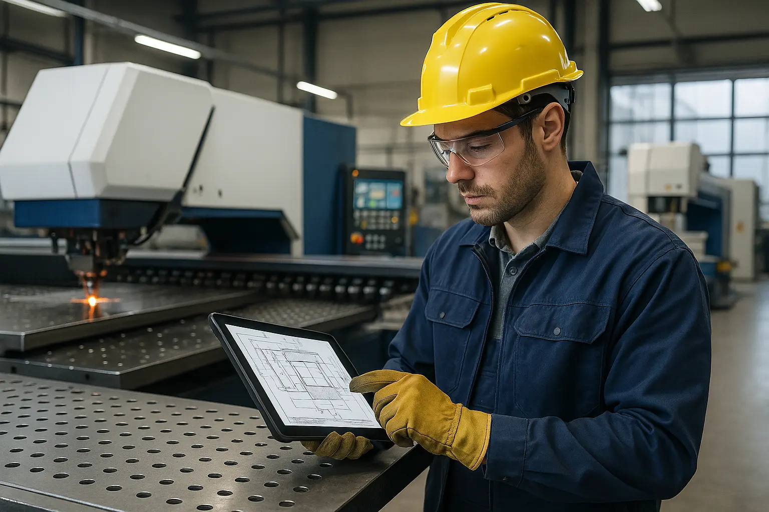 Entrepreneur operating CNC machine in modern sheet metal fabrication workshop using digital blueprint in 2025