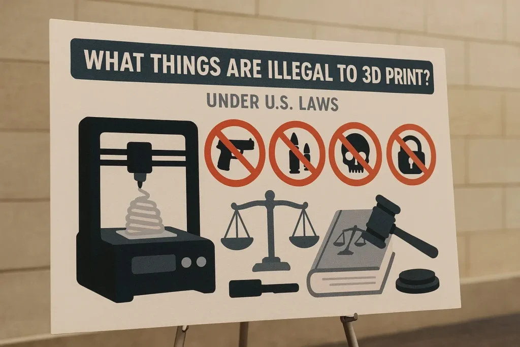 Sign showing items illegal to 3D print in the U.S., like guns, ammo, toxins, and keys.
