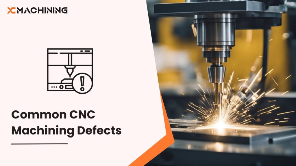 Common CNC machining defects with a CNC machine in operation, sparks flying during the process.